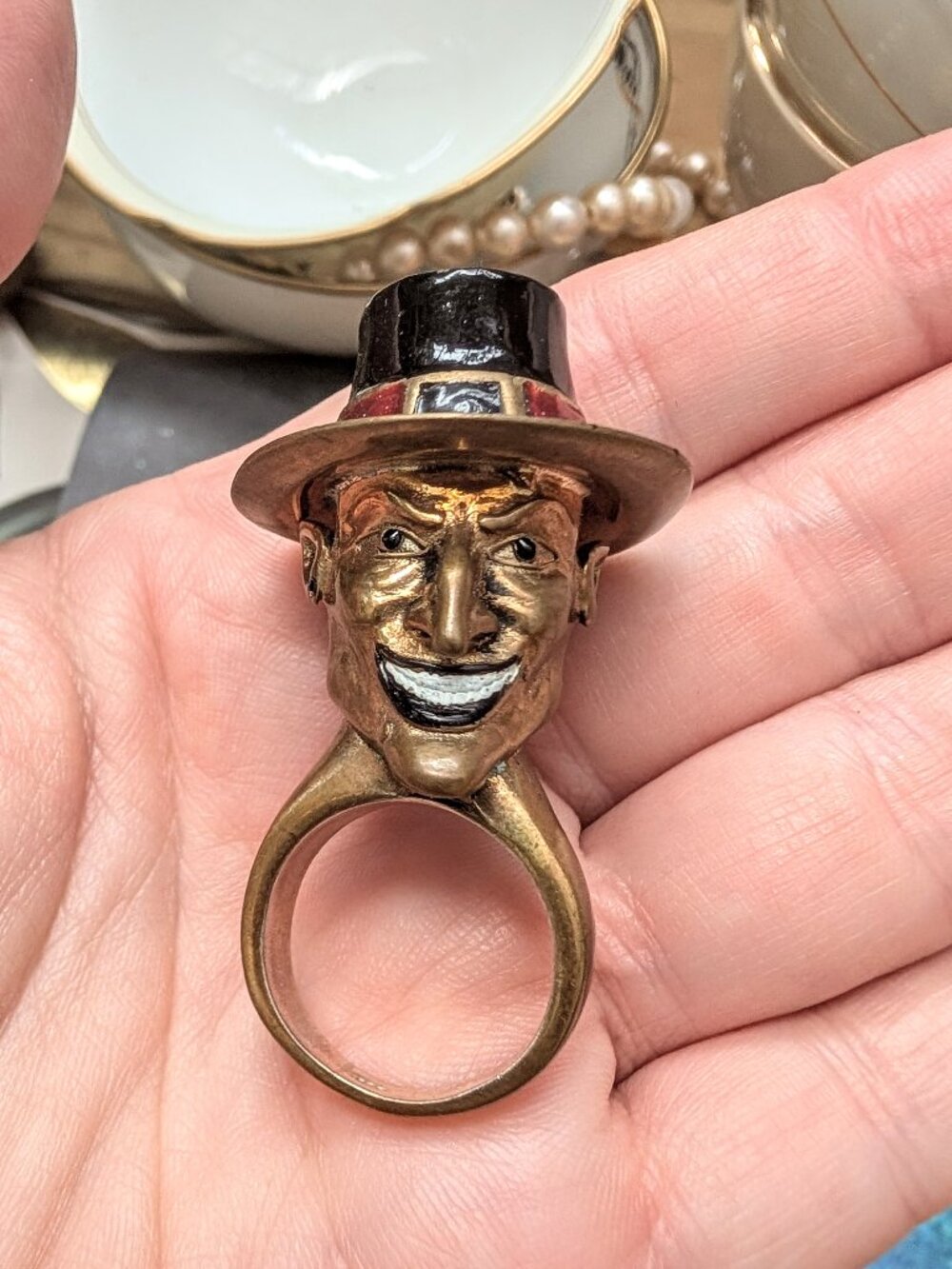 UNIQUE RARE Vintage Artisan Made Devil in Top Hat Sterling Silver Ring, Size 6.5